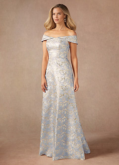 Azazie Maria Mother of the Bride Dresses Dusty Blue A-Line Off the Shoulder Jacquard Dress image4