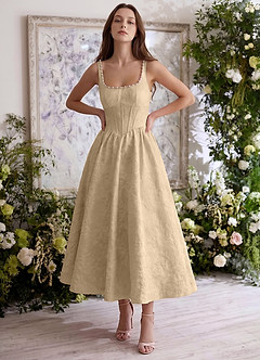 Sephone Champagne Square Neck Pearl Corset Midi Dress image4