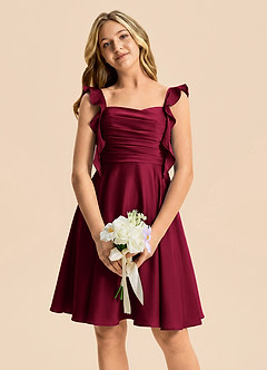 Azazie Kira Junior Burgundy A-Line Ruched Stretch Satin Dress image3