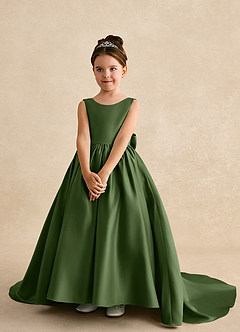 Azazie Mimia Flower Girl Dresses Olive A-Line Bow Matte Satin Dress image3
