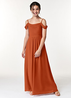 Azazie Alivia Junior Burnt Orange A-Line Off the Shoulder Chiffon Dress image5