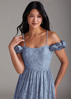 Azazie Autumn Bridesmaid Dresses Dusty Blue A-Line Off the Shoulder Floral Burnout Convertible Dress image2