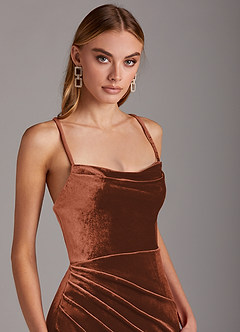 Azazie Kindness Bridesmaid Dresses Terracotta Sheath Cowl Neckline Corset Velvet Dress image6