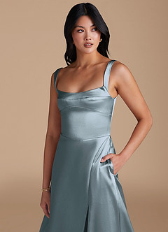 Azazie Hope Bridesmaid Dresses Dusty Blue A-Line with Pockets Metallic Satin Dress image3