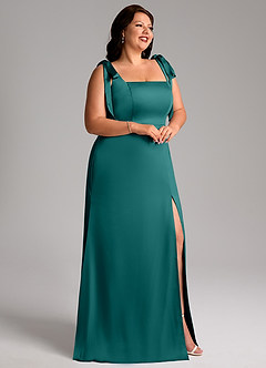 Azazie Frostine Bridesmaid Dresses Peacock A-Line Bow Stretch Satin Dress image11