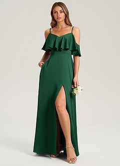 Azazie Jean Bridesmaid Dresses Dark Green A-Line Off the Shoulder Stretch Satin Dress image3