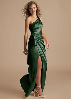 Azazie Maive Bridesmaid Dresses Eucalyptus Sheath Ruched Metallic Satin Dress image5