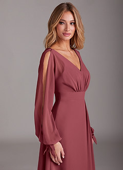 Azazie Matilda Bridesmaid Dresses Merlot A-Line Long Sleeve Chiffon Dress image7