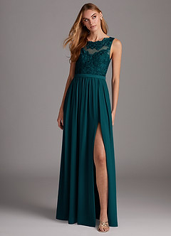 Azazie Elly Bridesmaid Dresses Pine A-Line Lace Scoop Neck Chiffon Dress image3
