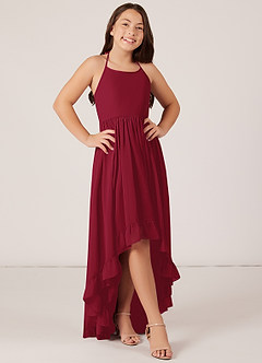 Azazie Sarafina Junior Burgundy A-Line Lace Chiffon Dress image1