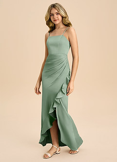 Azazie Buzzy Junior 쉬스 주름진 스트레치 새틴 플로어 길이 주니어 신부 들러리 드레스 image7