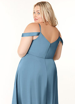 Azazie Ocean Robes de demoiselle d'honneur Robe Trapèze en Satin extensible Col V plissé Acier Bleuté image11