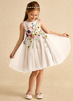 Azazie Prima vestidos de niña de las flores Vestido de Alabastro Blanco de Tul de Corte En A con Lazo image3