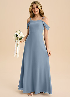 Azazie Anselie Junior Robe Trapèze en Mousseline de soie Épaule décolletée Bleu Poussiéreux image4