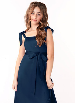 Azazie Barbara Junior Dark Navy A-Line Bow Stretch Satin Dress image5