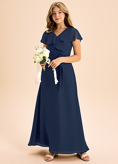 Azazie Lainey Junior Robe Trapèze en Mousseline de soie avec poches Bleu Marine Foncé image6