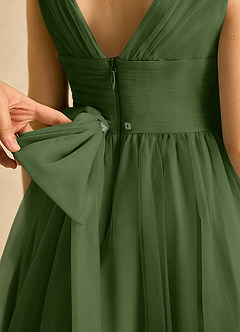 Azazie Macaron Jurken voor bloemenmeisjes A-Lijn Jurk van Tule Geplooid Olijf image6