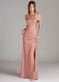 Azazie Wynter Bridesmaid Dresses Rosette Sheath Off the Shoulder Stretch Satin Dress image1