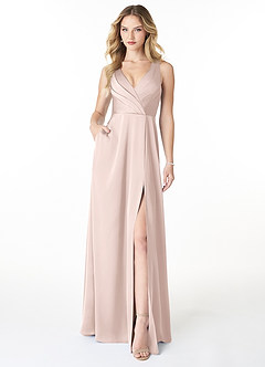 Azazie Nelly Bridesmaid Dresses Blushing Pink A-Line V-Neck Pleated Stretch Satin Dress image1
