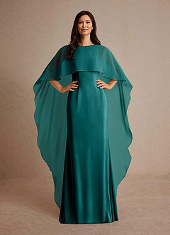 Azazie Milfred Mother of the Bride Dresses Peacock Sheath Boatneck Stretch Satin Dress image2