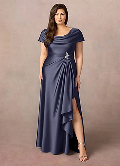 Azazie Branford Mère de la mariée Robes Robe Trapèze en Satin extensible Plissé Bleu Orageux image9