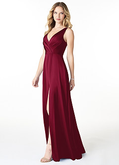 Azazie Nelly Bridesmaid Dresses Burgundy A-Line V-Neck Pleated Stretch Satin Dress image3