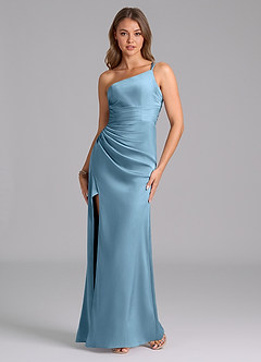 Azazie Eren Bridesmaid Dresses Steel Blue Mermaid One Shoulder Stretch Satin Dress image2