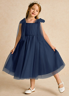 Azazie Dori Robe Demoiselle D'honneur Fillette Robe Trapèze en Tulle Rayé Bleu Marine Foncé image4