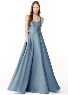 Azazie Neve Vestidos de damas de honor Vestido de Azul Polvoriento de Satén Elástico de Corte Princesa con Con bolsillos image1