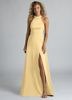 Azazie Clarice Brautjungfernkleider Eine Linie Hoher Kragen Stretch-Satin Kleid Butter image4