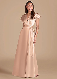Azazie Nico Bridesmaid Dresses English Rose A-Line Pleated Metallic Satin Dress image1
