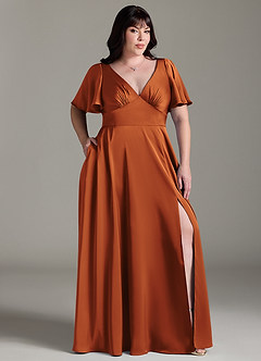 Azazie Kimber Bridesmaid Dresses Cinnamon A-Line Ruched Stretch Satin Dress image9