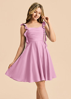 Azazie Kira Junior Vestido de Rosa Caramelo de Satén Elástico de Corte en A con Volante image5