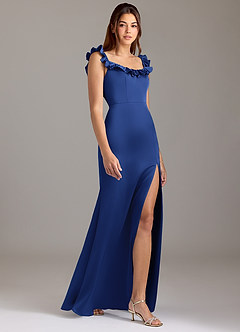 Azazie Callie Vestidos de damas de honor Vestido de Azul Real de Satén Elástico de Corte en A Convertible con Volante image4