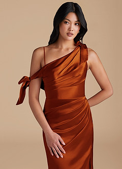 Azazie Xyla Bridesmaid Dresses Auburn Sheath Off the Shoulder Metallic Satin Convertible Dress image2