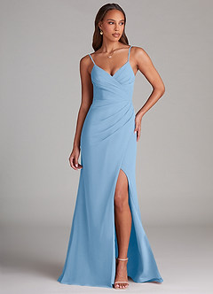 Azazie Maci Bridesmaid Dresses Powder Blue Sheath Pleated Chiffon Dress image1