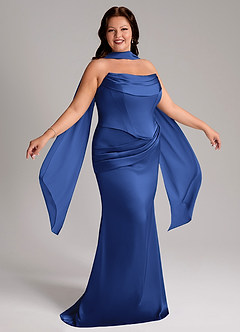 Azazie Sorrel Bridesmaid Dresses Royal Blue Mermaid Strapless Stretch Satin Convertible Dress image9