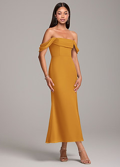 Azazie Saige Bridesmaid Dresses Butterscotch Sheath Off the Shoulder Chiffon Convertible Dress image4