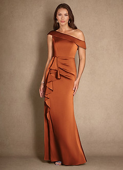 Azazie Hamptons Vestidos para mãe da noiva Vestir Canela de Cetim elástico de Linha A com Plissado image4