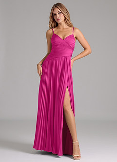 Azazie Vini Bridesmaid Dresses Fuchsia A-Line Pleated Stretch Satin Dress image1