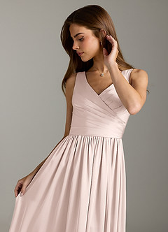 Azazie Keyla Bridesmaid Dresses Blushing Pink A-Line Pleated Stretch Satin Dress image8