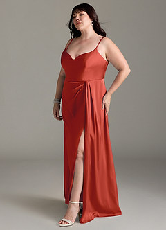 Azazie Brielle Bridesmaid Dresses Rust A-Line Cowl Spaghetti Straps Stretch Satin Dress image10