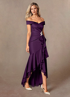 Azazie Billings Mother of the Bride Dresses Grape Mermaid Off the Shoulder Stretch Satin Dress image6