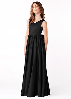 Azazie Hathaway Junior Black A-Line Bow Matte Satin Dress image4