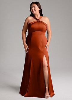 Azazie Rue Bridesmaid Dresses Paprika A-Line Pleated Stretch Satin Dress image10