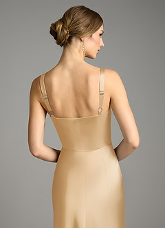 Azazie Alouette Bridesmaid Dresses Gold Mermaid Pleated Stretch Satin Dress image4