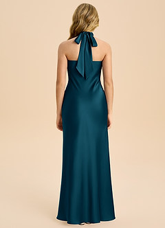 Azazie Chickie Junior Vestido de Azul Tinta de Satén Elástico de Corte Recto con Plisado image2