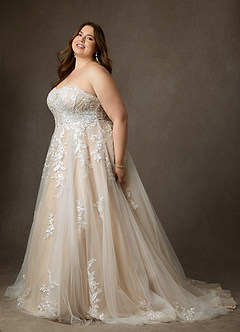 Azazie Keri Wedding Dresses Diamond White Nude Ball-Gown Strapless Lace Dress image16