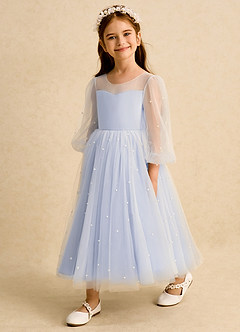 Azazie Trudy 플라워 걸 드레스 볼가운 스윗하트 네크라인 얇실버 명주 그물 티 길이 드레스 image4