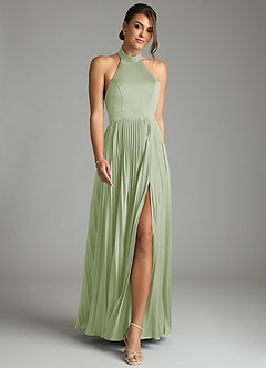 Azazie Zienna 신부 들러리 드레스 A라인 주름진 스트레치 새틴 바닥 길이 드레스 image4